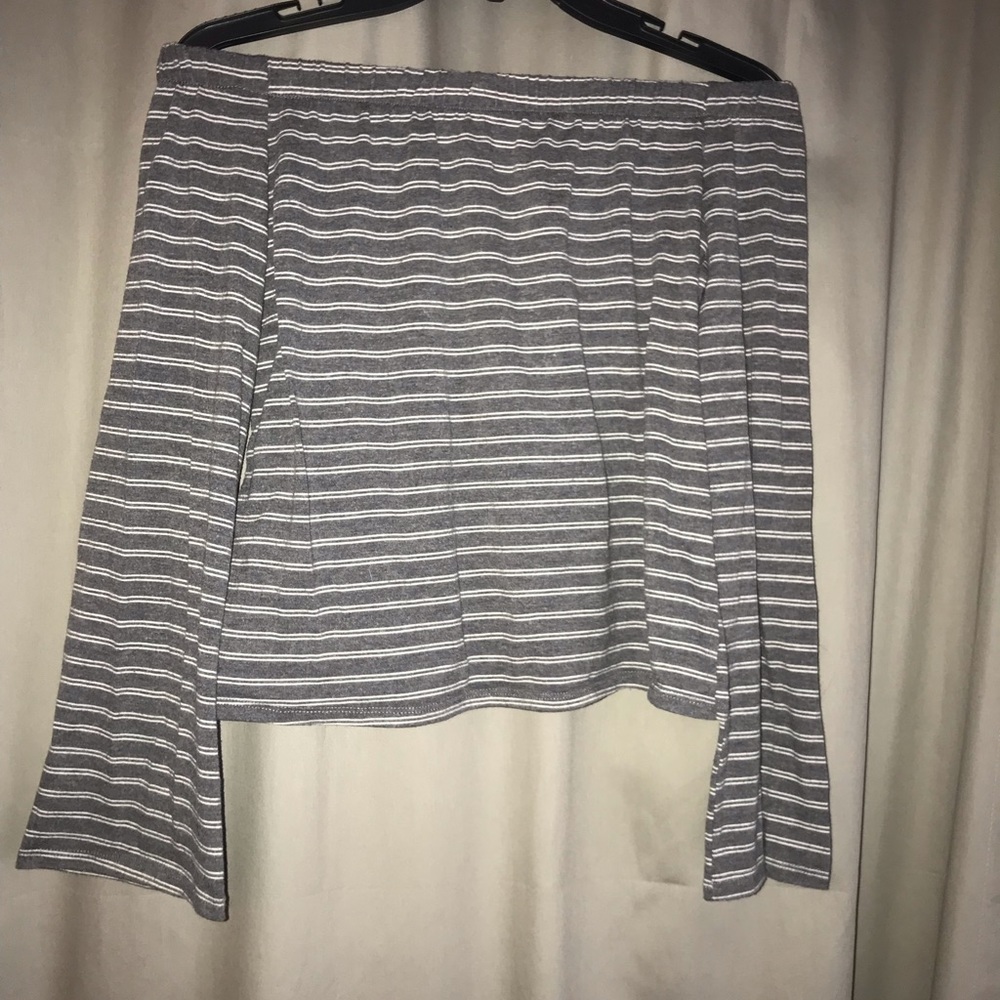 gray striped off the shoulder blouse
